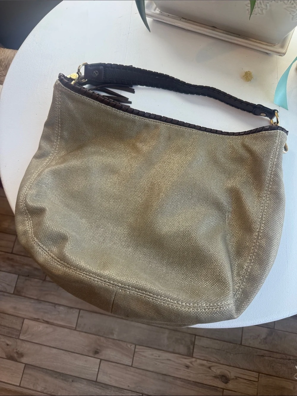 Michael Kors Metallic Gold Shoulder Hobo Bag with Brown Tassel Accent